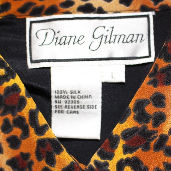 Diane Gilman, Black Shirt with Leopard and Floral Design blouse 100% Silk - Picture 10 of 11